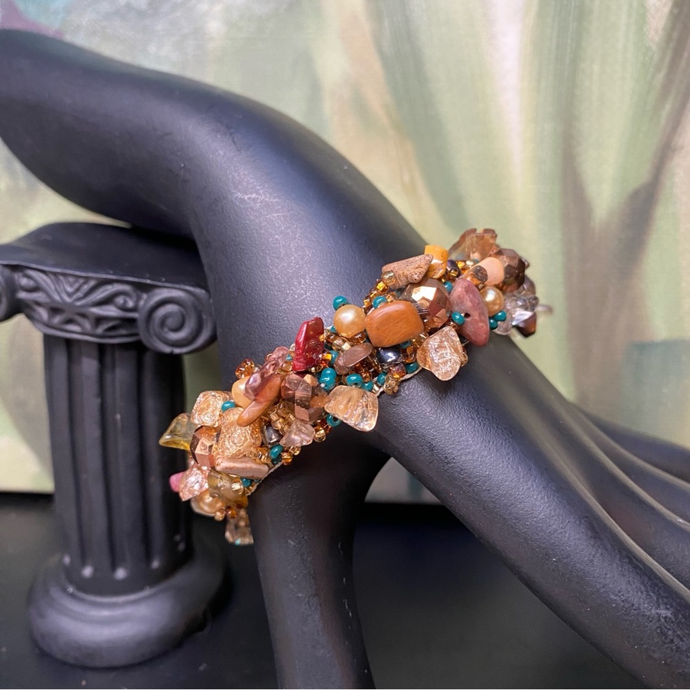 Handmade Beaded Gemstone Bracelet With Gold Accents Boho Fashion Rustic Chic